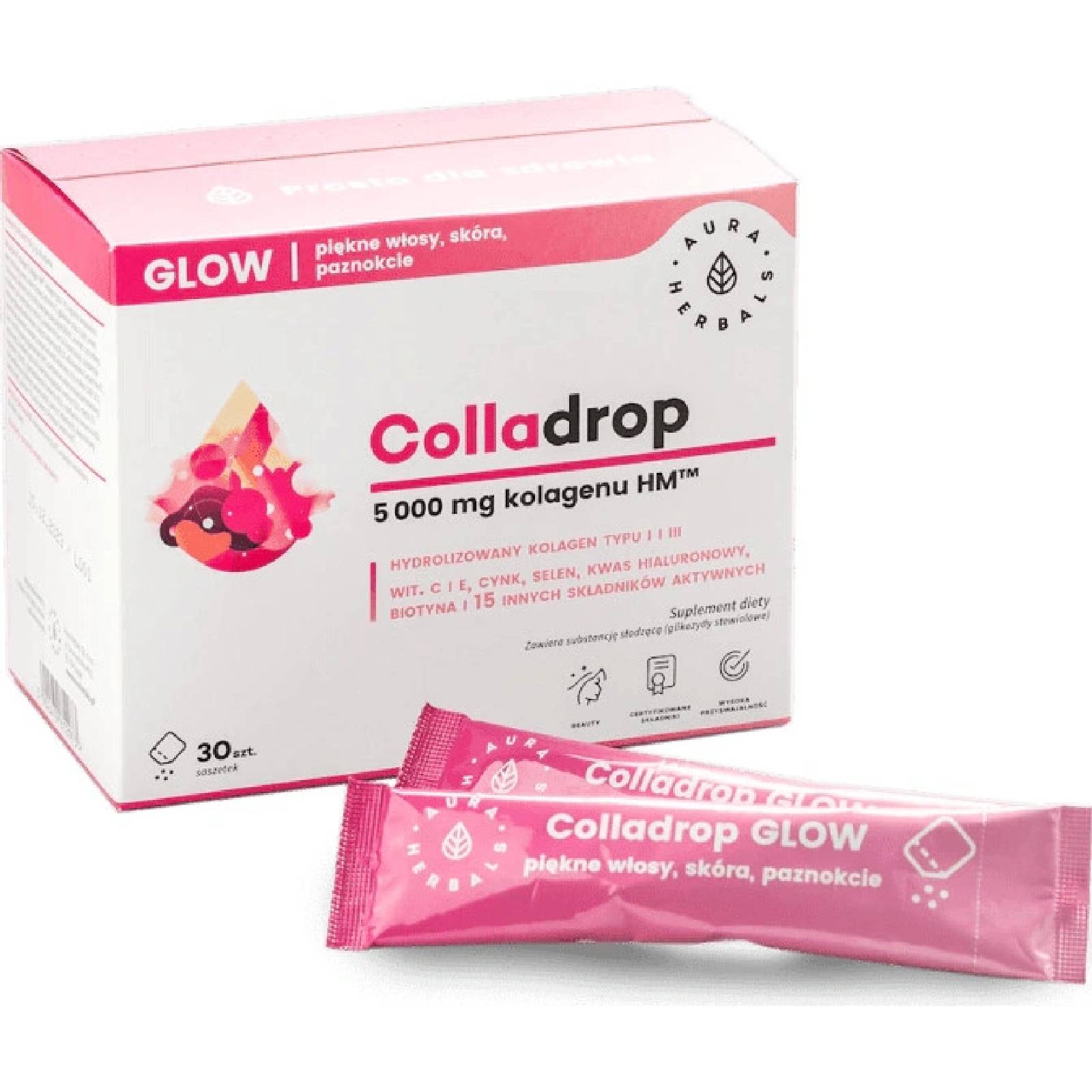 Aura Herbals Colladrop Glow Marine Collagen 5000 mg 30 sáčkov-nekompletné balenie 28 ks Exp.: 01/2026