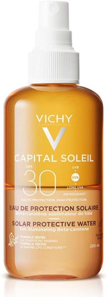 Vichy Vichy, Capital Soleil, Rozjasňujúca ochranná telová voda na opaľovanie, SPF30, 200 ml (poskodeny aplikator)