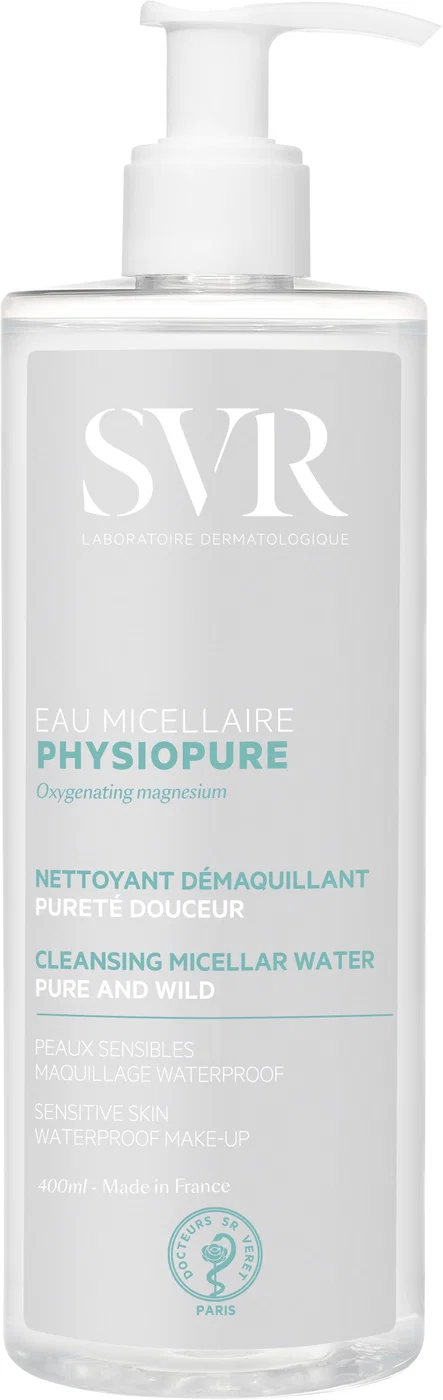 SVR Physiopure micelárna voda pre citlivú pleť a vodoodolný make-up 400 ml (poškodený aplikátor)