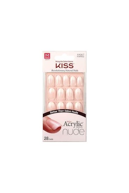Kolekce akrylových nehtů KISS Salon French Nude, elegantní, středně dlouhé umělé nehty v tělové barvě, obsahuje 28 umělých nehtů, lepidlo na nehty, pilník na nehty a manikúrní tyčinku (balení se může lišit)