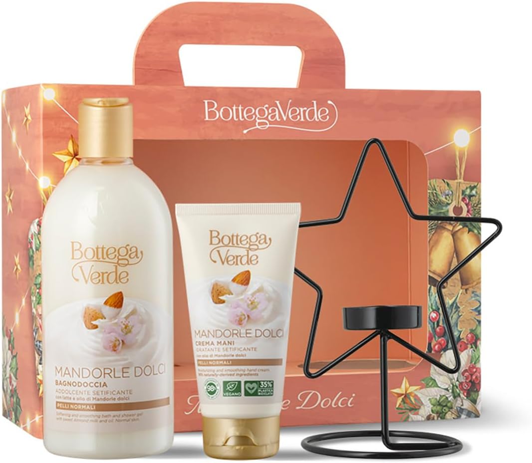 BottegaVerde Bottega Verde - sladké mandle, dárkové balení 400 ml tělového krému, 75 ml krému na ruce a kovový svícen-obal poškozený