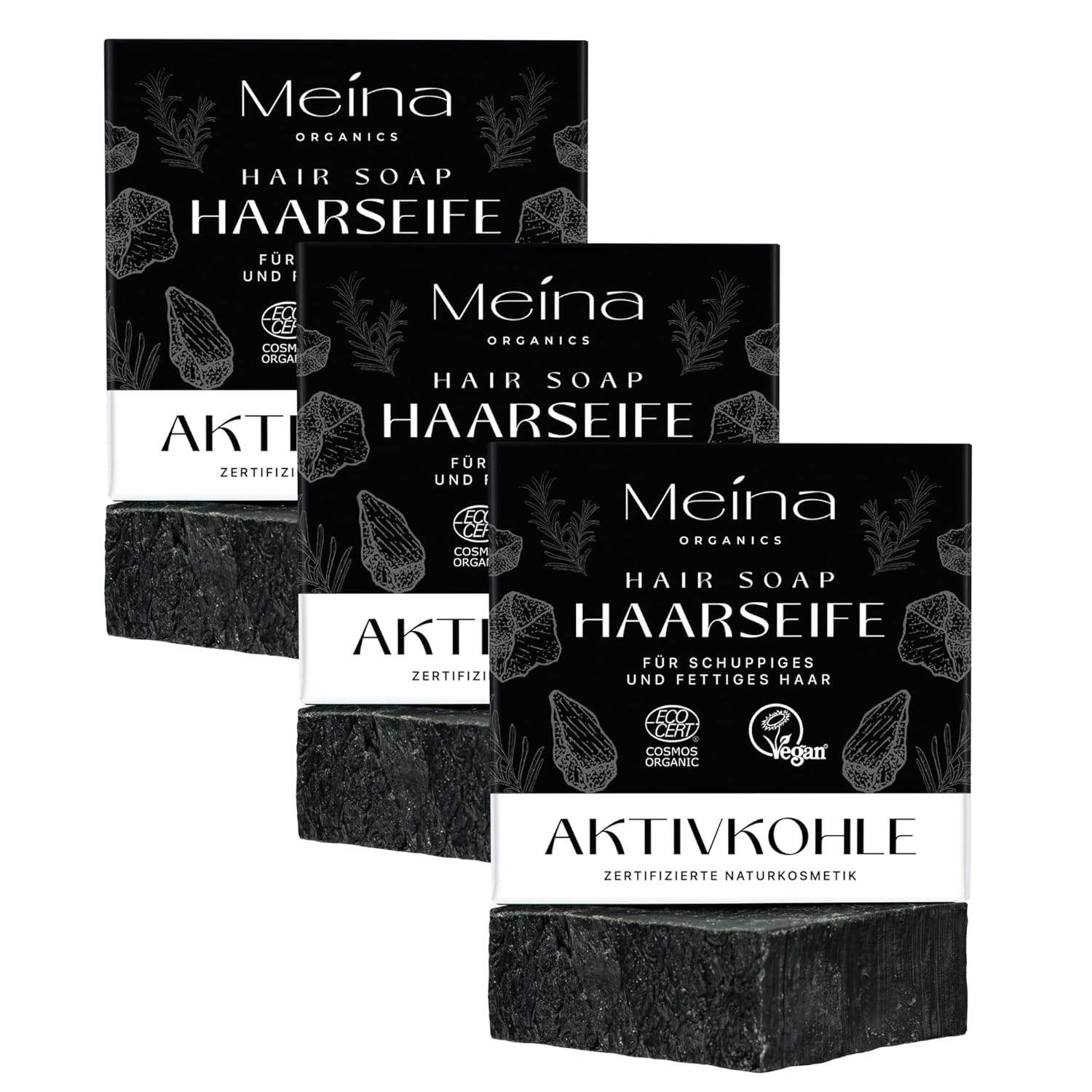 Přírodní kosmetika Meina - černé organické mýdlo na vlasy proti lupům a mastným vlasům s aktivním uhlím 80g