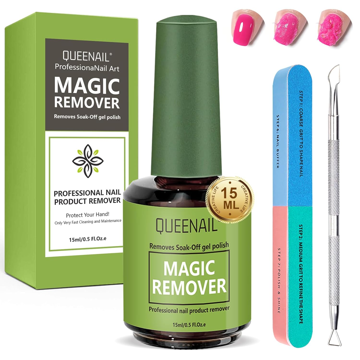 Queennail QUEENAIL Magic Remover 15ml +pilník+škrabka