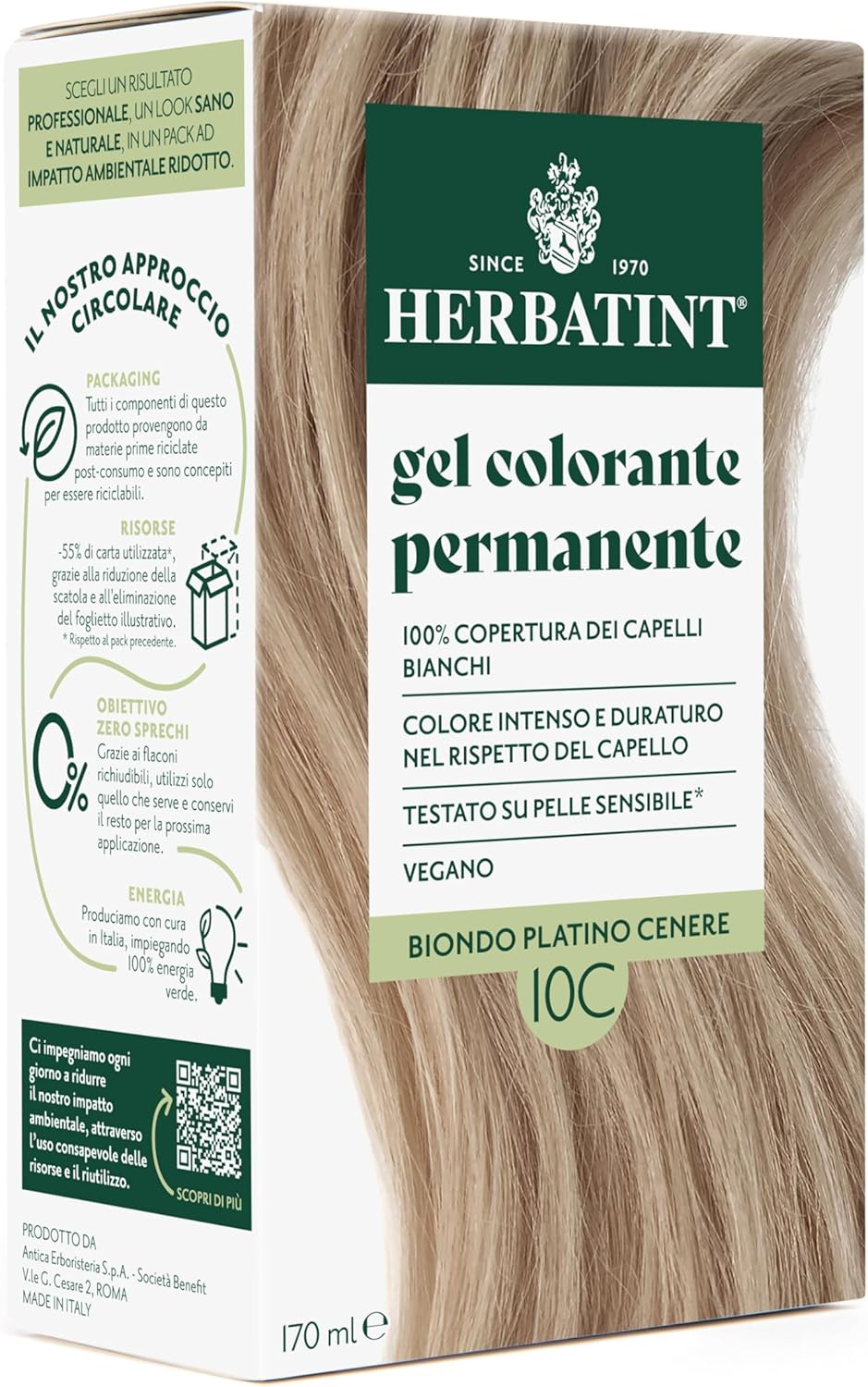 Herbatint Permanentní gelová barva na vlasy 10C Popelavě platinová blond - 170 ml