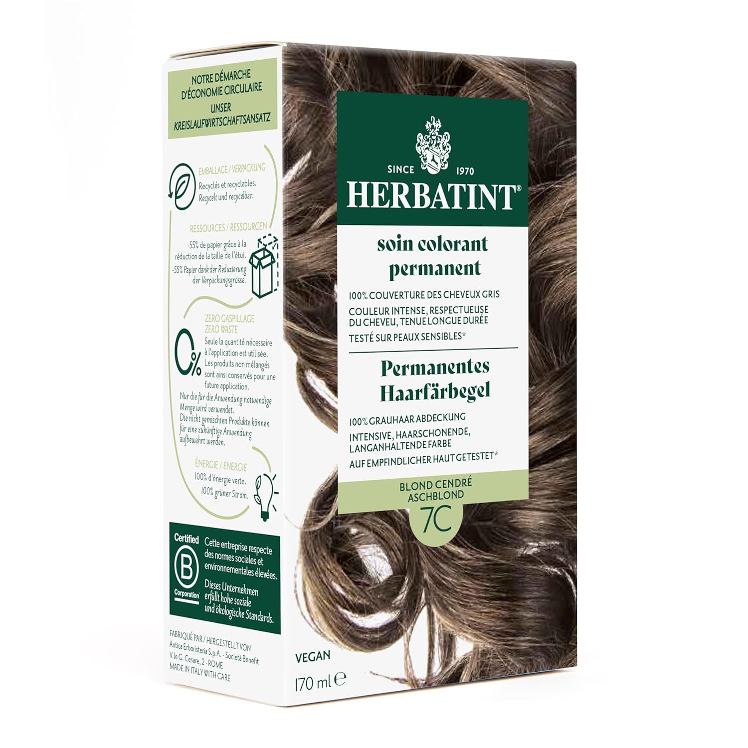 Herbatint Permanentní gelová barva na vlasy 7C Cendre Ash Blonde - 170 ml