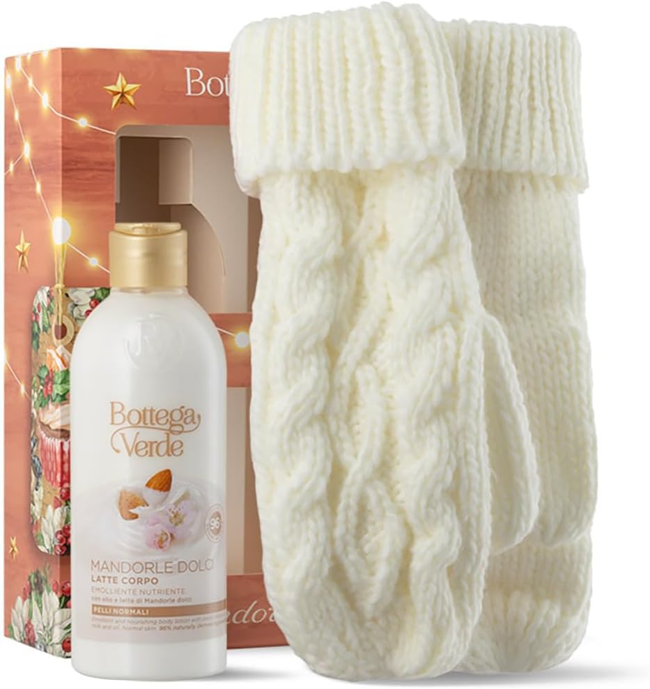 BottegaVerde Bottega Verde - Sladké mandle, dárková krabička s tělovým mlékem 250 ml a hřejivými trikotovými rukavicemi-poškozená krabička