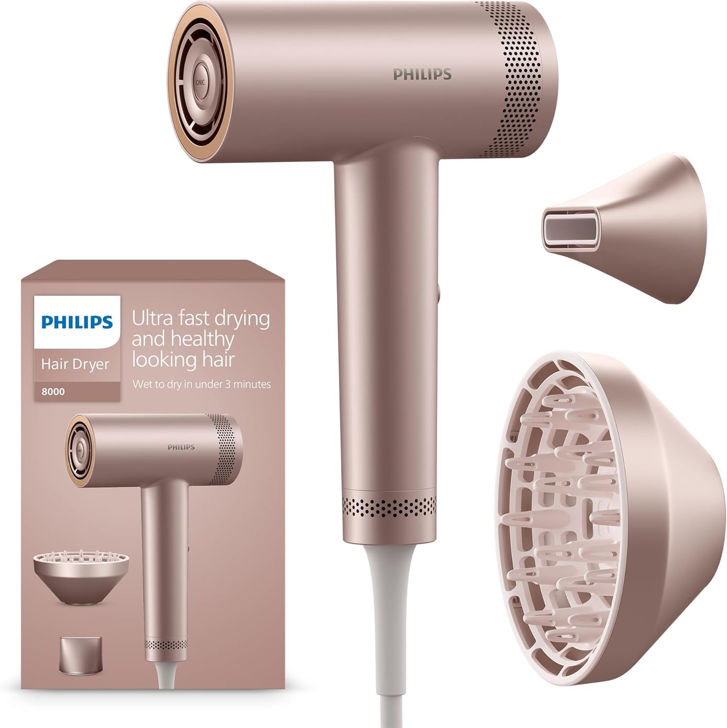 Philips 8000 Series - Vysoušeč vlasů 1400 W, růžové šampaňské, model BHD837/10-Rozbalené