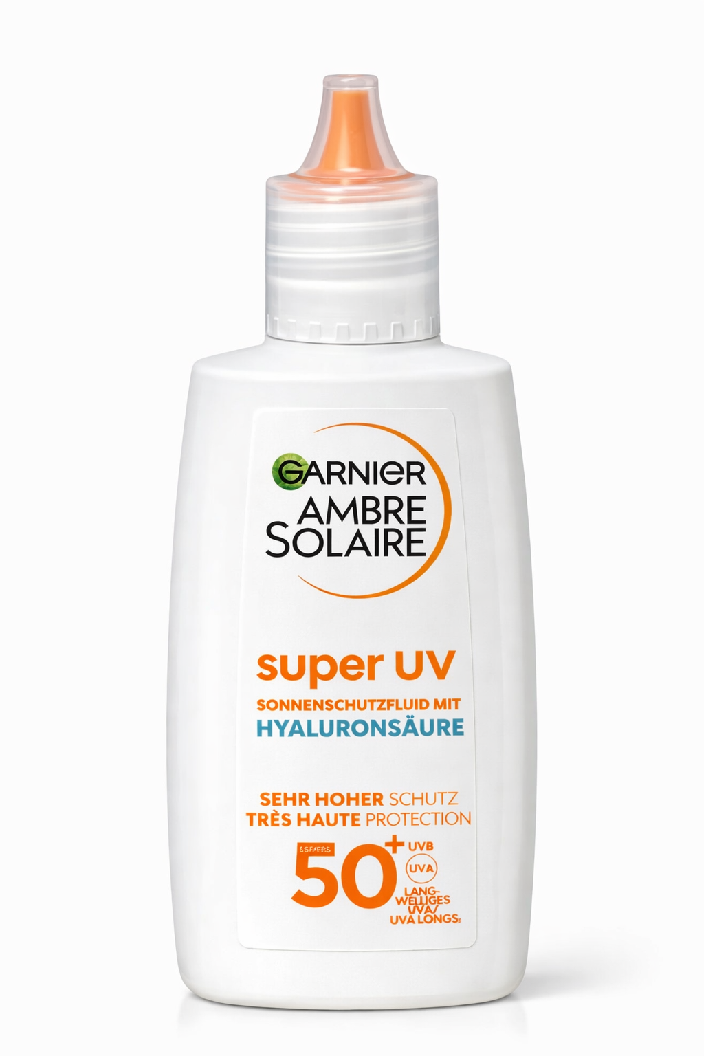 Garnier Ambre Solaire Super UV pleťový fluid SPF 50+ s kyselinou hyaluronovou 40 ml / chybí  krabička/