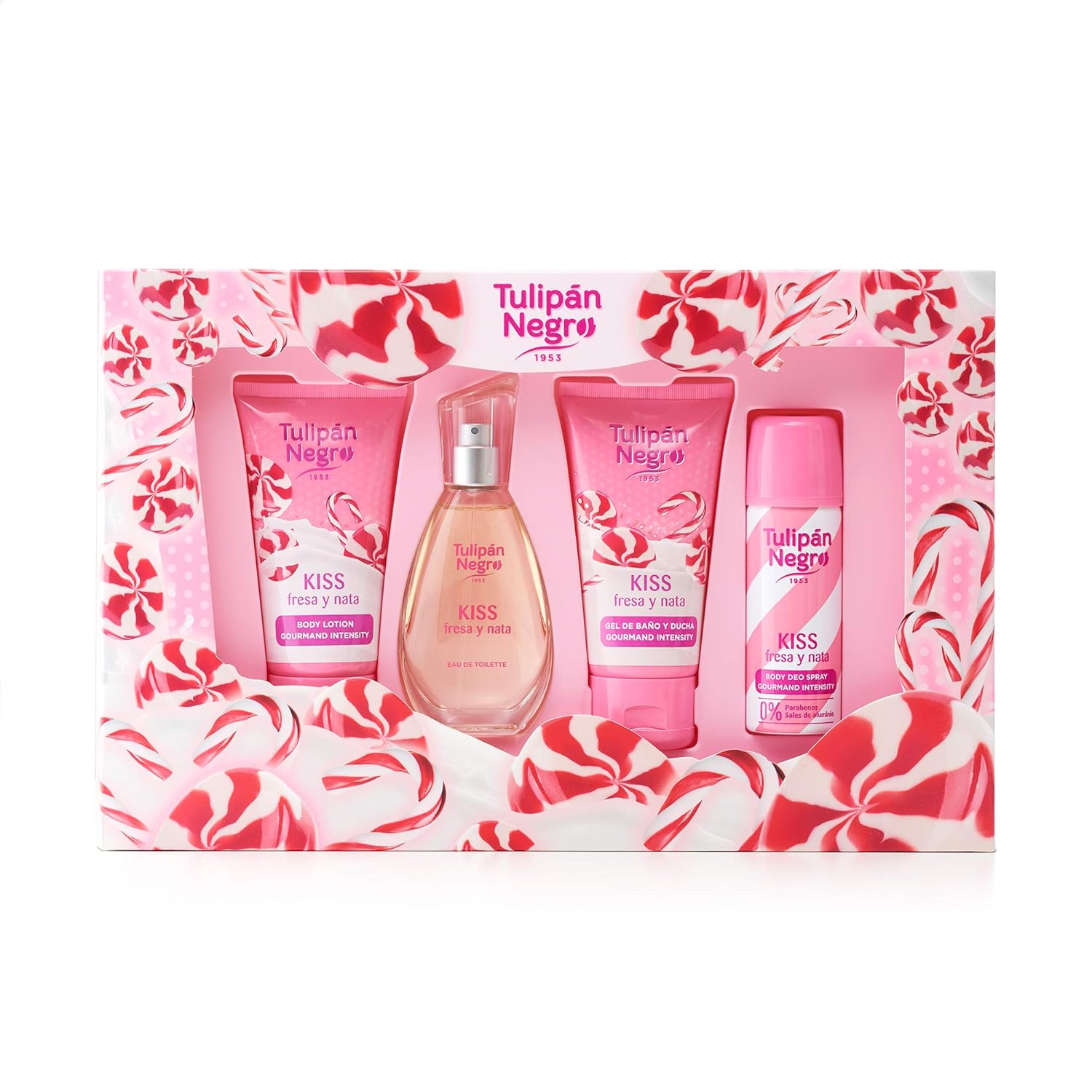 Tulipán Negro - Kiss Set 4 kusy 2019 - tělový sprej 50 ml, sprchový gel 75 ml, kolínská voda 50 ml, tělové mléko 75 ml