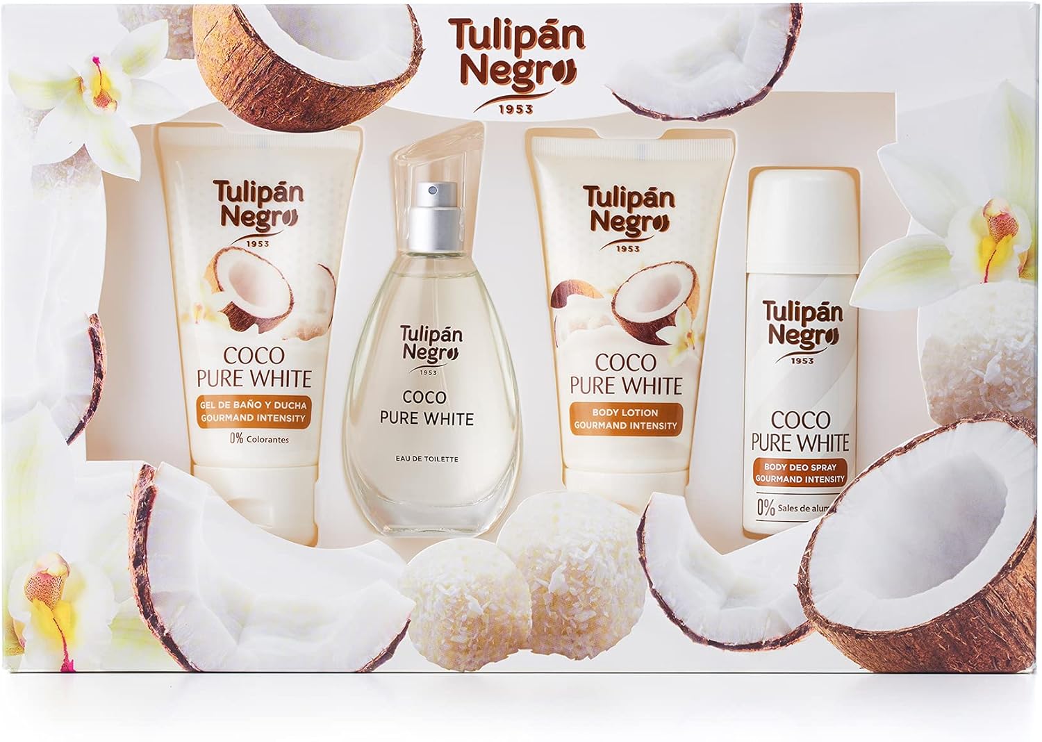 Tulipán Negro - White coconut Set 4 kusy - tělový sprej 50 ml, sprchový gel 75 ml, kolínská voda 50 ml, tělové mléko 75 ml