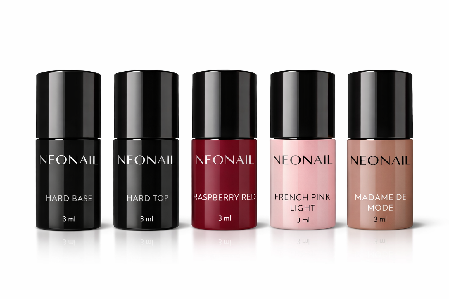 NEONAIL sada UV gel laků – Hard Base, Hard Top a 3 barvy (3 ml)