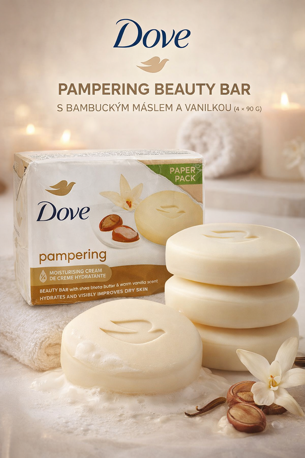 Dove Pampering Beauty Bar – hydratační mýdlo s bambuckým máslem a vanilkou (4 ks)