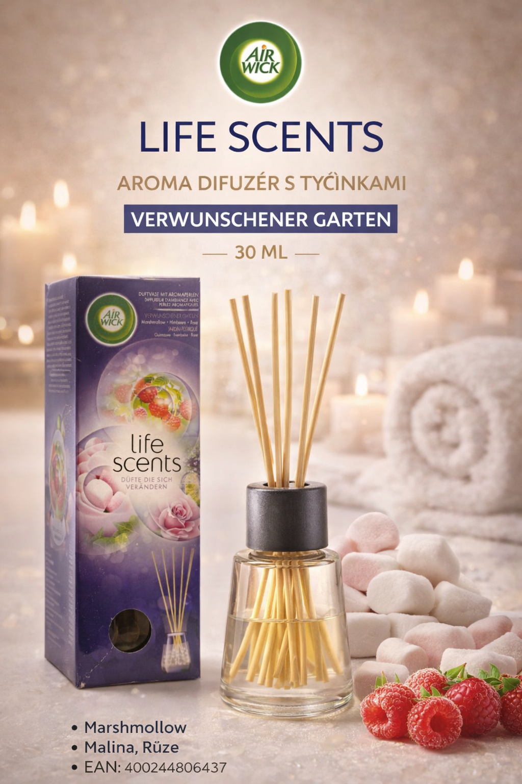 Air Wick Life Scents – aroma difuzér s tyčinkami „Verwunschener Garten“ (30 ml)