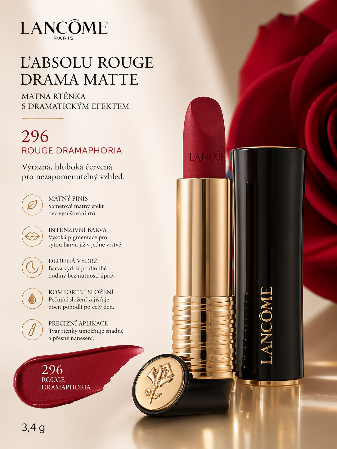 Lancôme L’Absolu Rouge Drama Matte – odstín 296 Rouge Dramaphoria 3,4g