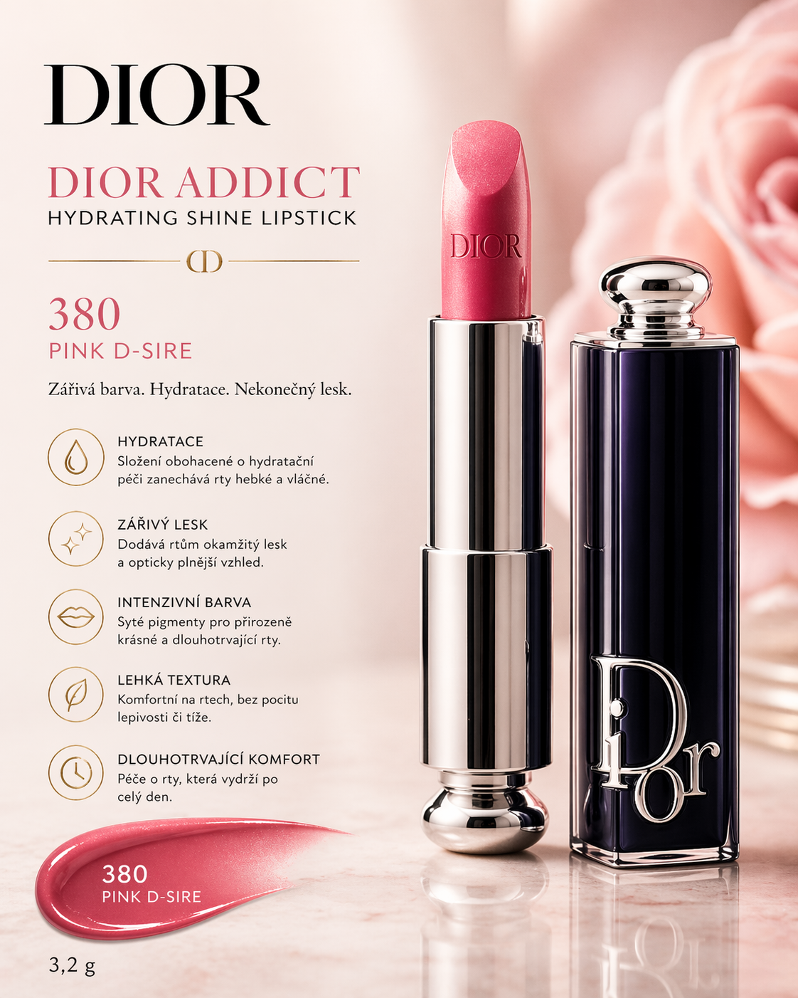 Dior Addict Hydrating Shine Lipstick – odstín 380 Pink D-Sire 3,2g