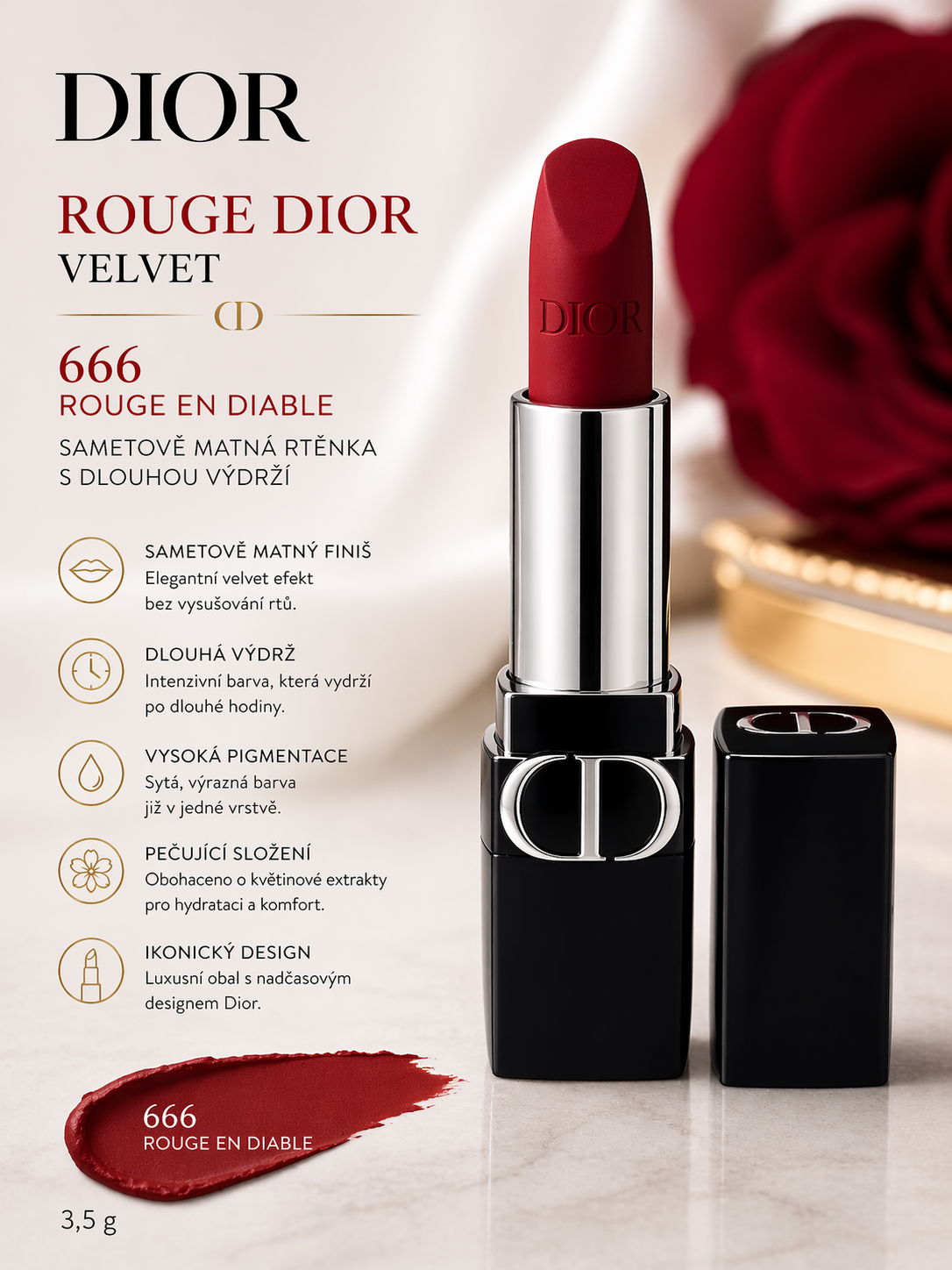 Dior Rouge Dior Velvet – odstín 666 Rouge en Diable - Ikonická luxusní rtěnka 3,5g