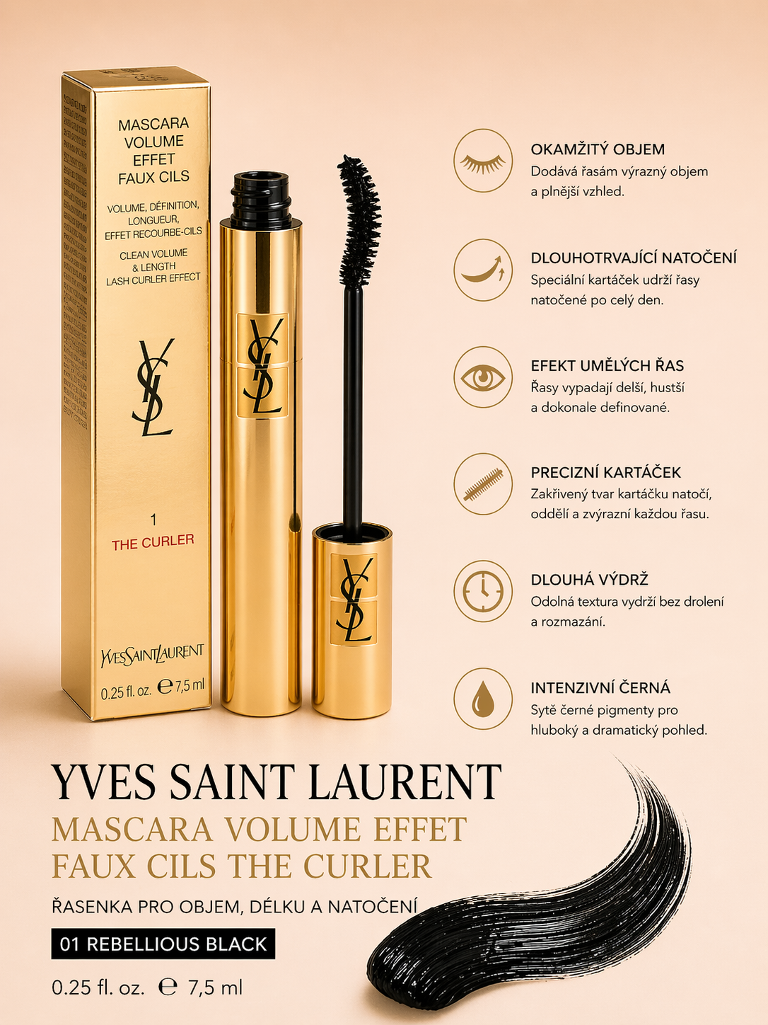 Yves Saint Laurent Mascara Volume Effet Faux Cils The Curler – řasenka (01 Rebellious Black) 7ml