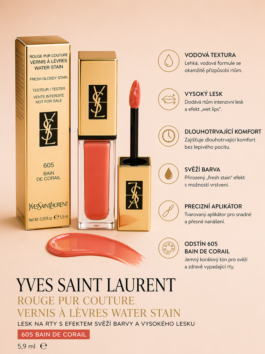 Yves Saint Laurent Rouge Pur Couture Vernis À Lèvres Water Stain – lesk na rty (605 Bain de Corail)