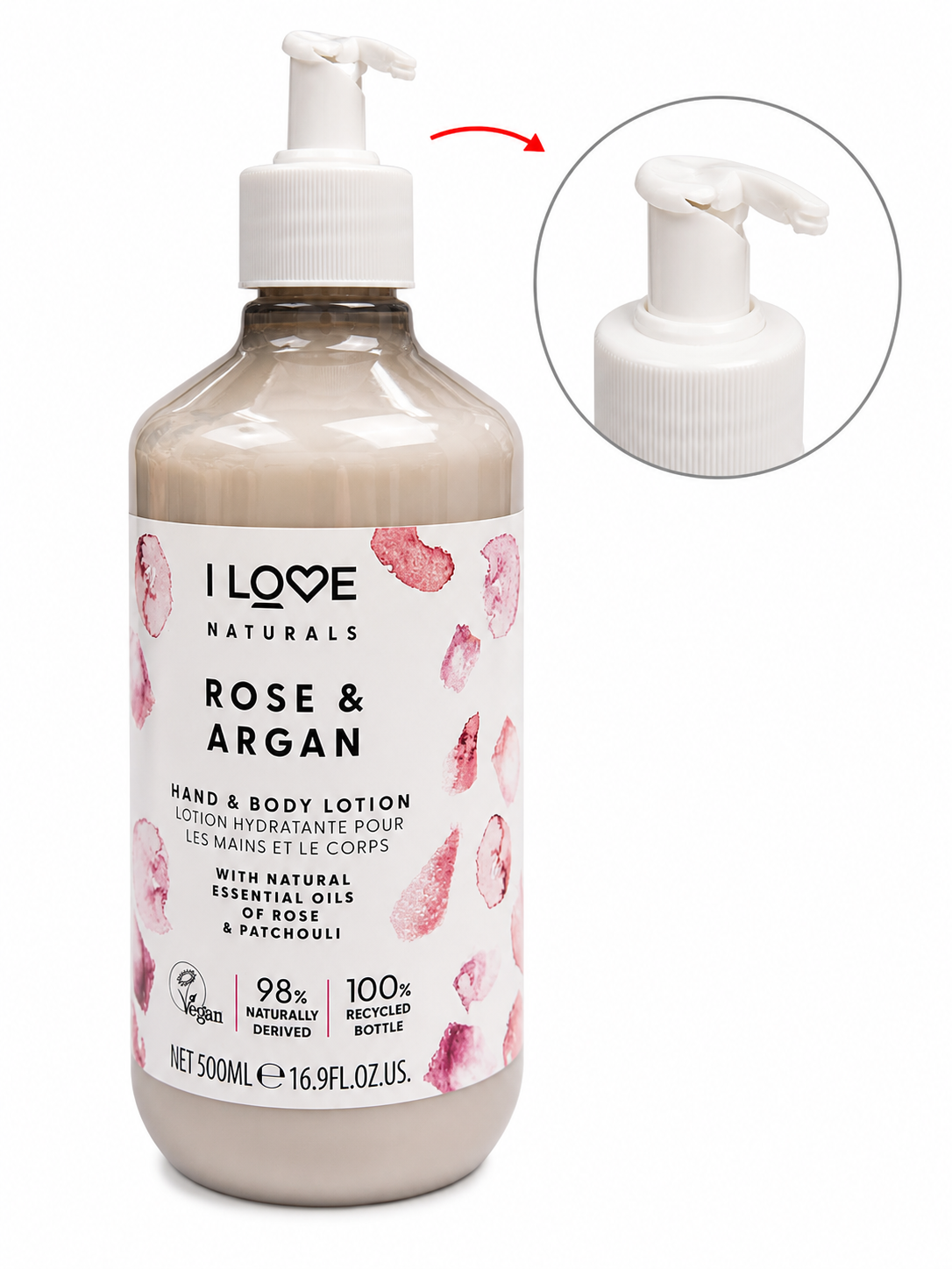I Love Naturals Rose & Argan – hydratační tělové  mléko, 500 ml (poškozený aplikátor)
