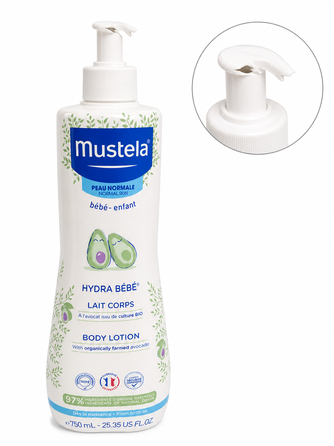 Levně Mustela Hydra Bébé – hydratační tělové mléko pro děti, 750 ml (poškozený aplikátor)