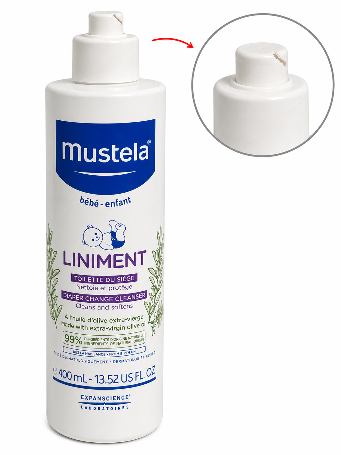 Mustela Liniment – čisticí přípravek při přebalování, 400 ml (poškozený aplikátor)