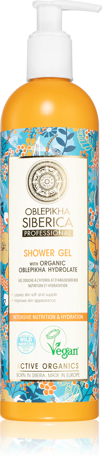 Eurobio Natura Siberica Oblepikha (rakytníkový) sprchový gel – intenzivní výživa a hydratace 400 ml, zlomený aplikátor