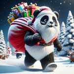 Plyšový panda v santovskom obleku kráča zasneženým lesom s veľkým vakom farebných darčekov na chrbte počas zimnej noci.