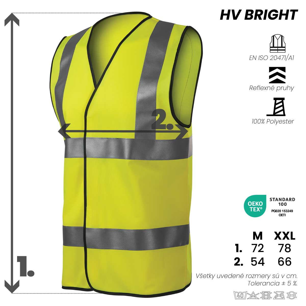 Reflexná vesta HV BRIGHT so strihom bez rukávov, reflexnými pásmi a rozmermi M (72×54 cm) a XXL (78×66 cm).