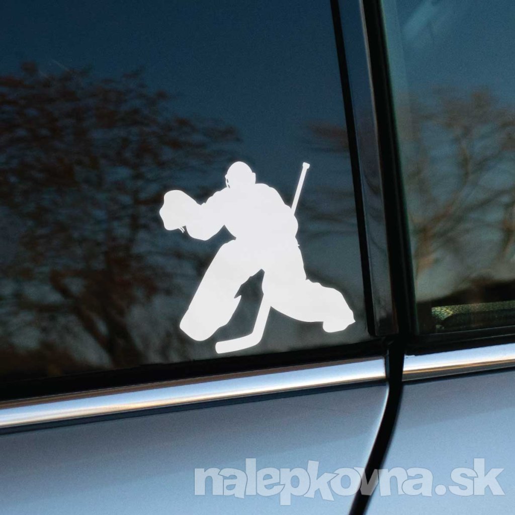 Plotrovaná nálepka na auto so siluetou hokejového brankára v akcii, ideálna pre fanúšikov ľadového hokeja.