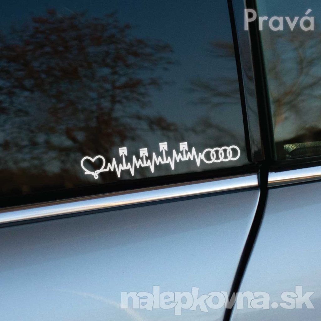 Plotrovaná nálepka s EKG líniou doplnenou o piesty, srdce a logo Audi, originálny dynamický dizajn určený pre pravú stranu.