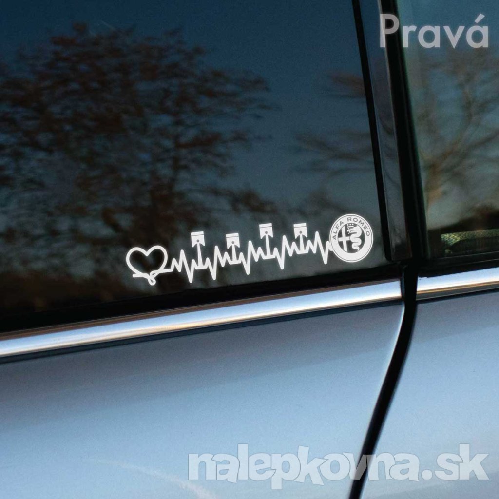 Plotrovaná nálepka s EKG líniou doplnenou o piesty, srdce a logo Alfa Romeo, dynamický dizajn určený pre pravú stranu.