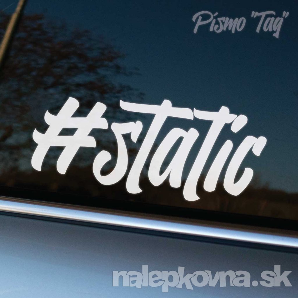 Nálepka s nápisom „#static“ v písme štýlu „Tag“ je ideálnym doplnkom pre fanúšikov statického podvozku, ktorí milujú nízky a pevný postoj svojho auta bez použitia vzduchového podvozku. Táto výrazná a moderná nálepka na okne auta jasne ukazuje hrdosť na "stance" štýl a prispieva k individualite vozidla.