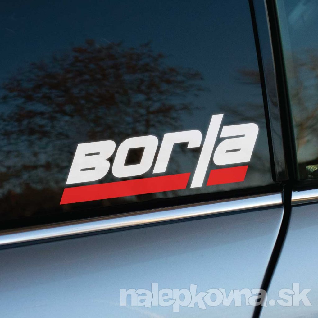 Plotrovaná nálepka na auto s logom Borla, šikmý biely nápis s jedným prerušeným červeným pásom pod textom a zvislou líniou pri „l“.
