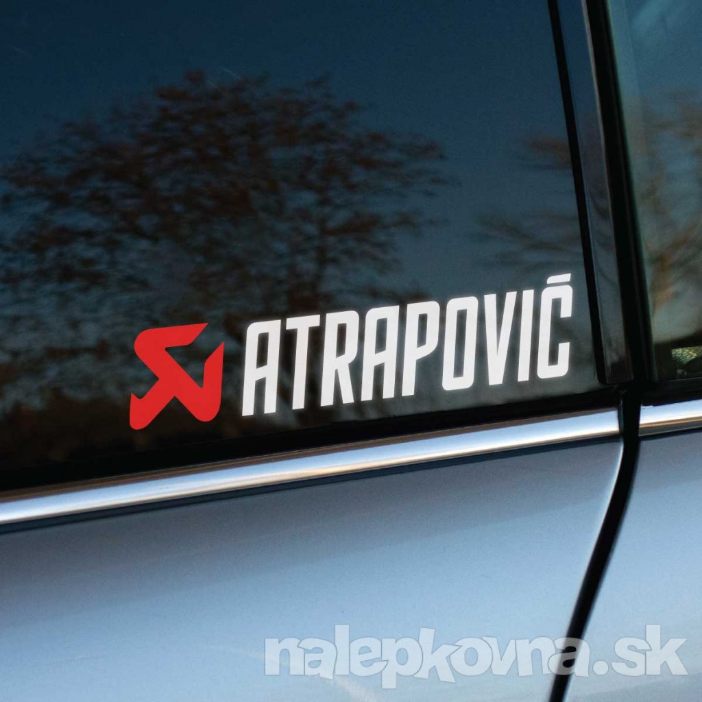Plotrovaná nálepka s logom a nápisom „Atrapovič“ v modernom športovom štýle, určená pre fanúšikov tuningu a výkonu.