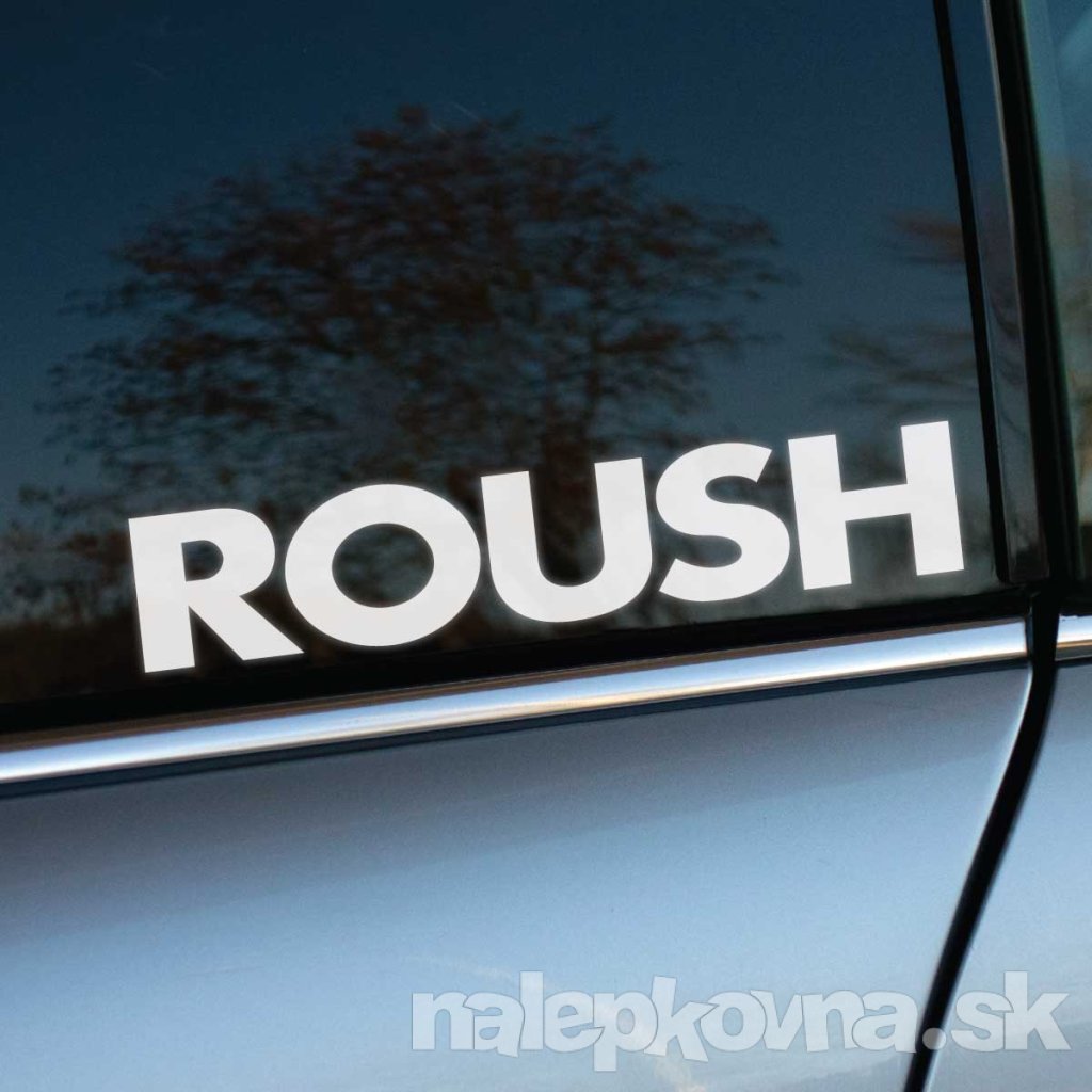 Biela nálepka "ROUSH" s jednoduchým a výrazným písmom na zadnom bočnom okne strieborno-sivého auta. Minimalistický dizajn zaručuje jasnú čitateľnosť a štýlový vzhľad, ktorý vyniká na tmavom tónovanom skle. Skvelá voľba pre nadšencov motoristického športu a tuningu.  **Kľúčové slová:** nálepka na auto, samolepka ROUSH, tuningová nálepka, logo ROUSH, nálepka na sklo auta, automobilové nálepky, personalizácia auta, športové nálepky, auto dekorácia, doplnky na auto.