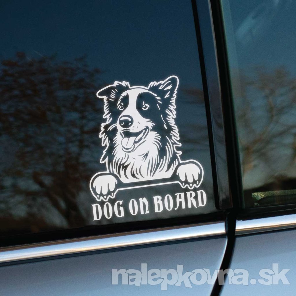 Plotrovaná nálepka border kólie s veselým výrazom a nápisom „DOG ON BOARD“, detailne spracovaný chlpatý motív psa.