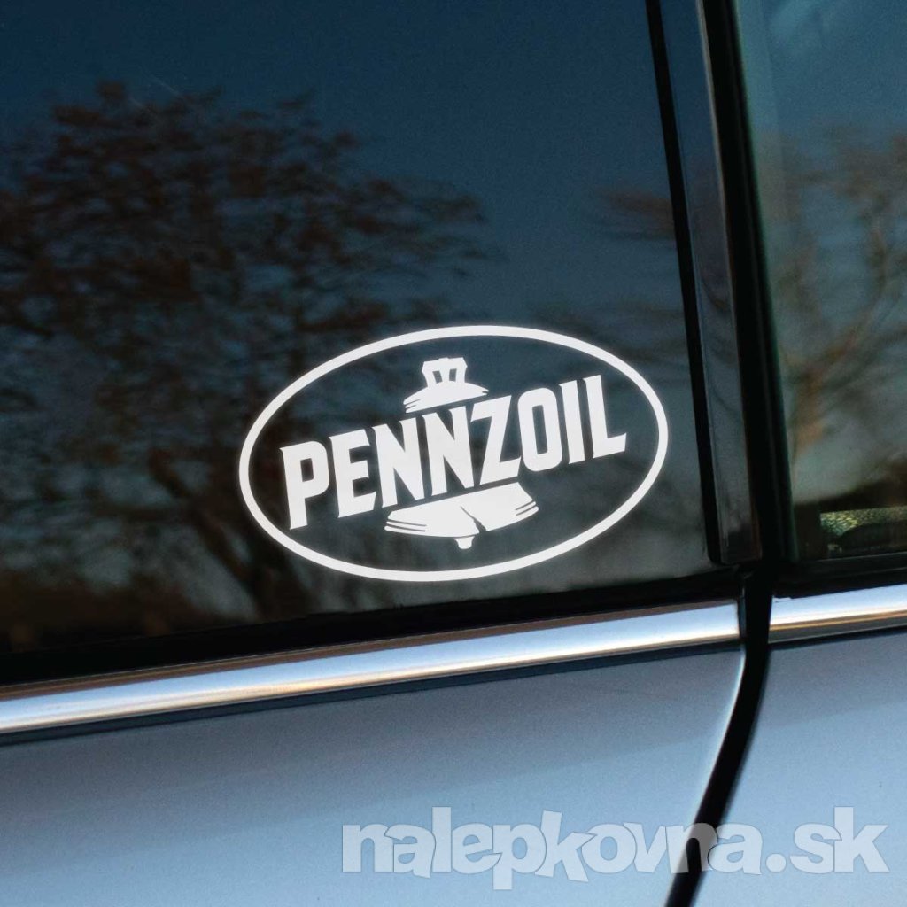 Plotrovaná nálepka s logom Pennzoil, oválny dizajn s výrazným nápisom a ikonickým symbolom zvona nad textom.