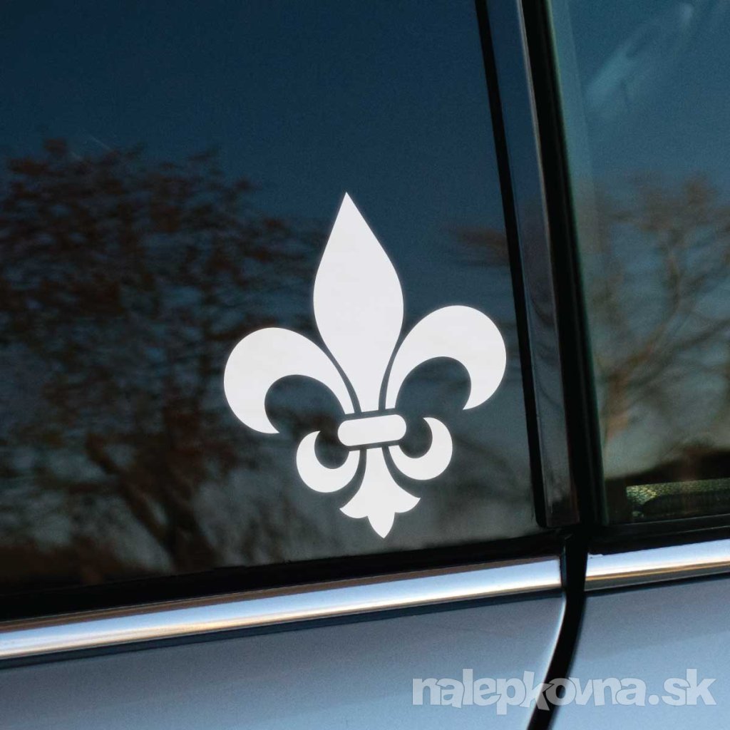 Plotrovaná nálepka s heraldickým motívom trojlistej ľalie s ostrým hrotom a dvoma bočnými zakrivenými listami.