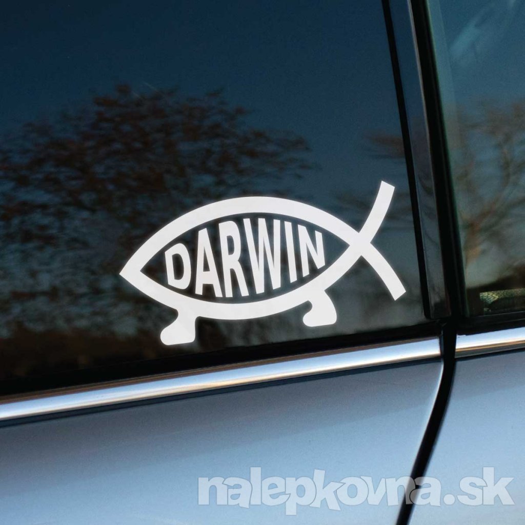 Plotrovaná nálepka na auto v tvare ryby s nápisom „Darwin“ a nohami, satirický motív evolúcie a vedy.