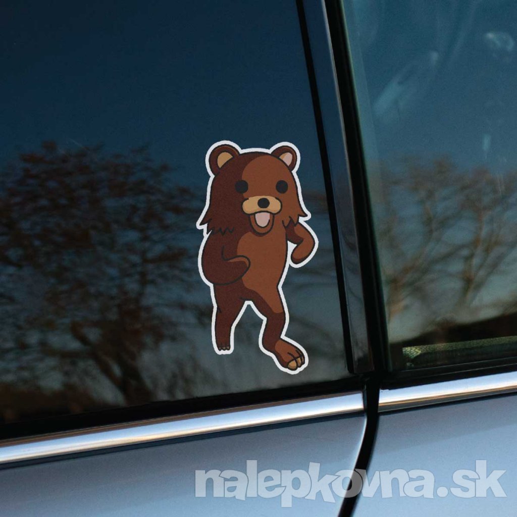 Tlačená nálepka kreslený medvedík v chodiacej póze s úsmevom, jednoduchý dizajn v cartoon štýle.