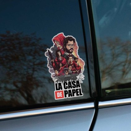 Tlačená nálepka s ilustráciou hlavných postáv, budovy a logom La Casa de Papel, detailný seriálový motív.