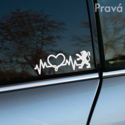 Na obrázku je bočné okno auta, pravdepodobne Peugeot, ozdobené bielou nálepkou s motívom srdca prepojeného s krivkou EKG a logom Peugeot v podobe leva. Táto štýlová nálepka na pravom okne vozidla pridáva autu osobitý a elegantný vzhľad. Biely dizajn nálepky vyniká na tmavšom skle, čo zabezpečuje výbornú viditeľnosť. Ideálna voľba pre nadšencov značky Peugeot, ktorí chcú vyjadriť svoju vášeň pre túto automobilovú značku a dodať svojmu vozidlu jedinečný charakter.
