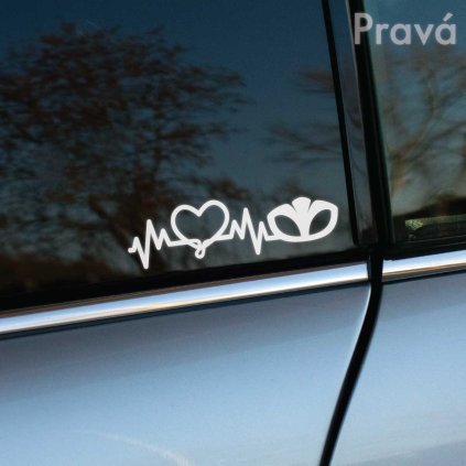 Biela nálepka na aute zobrazuje motív srdca a loga Daewoo prepojených pulzujúcou čiarou, symbolizujúcou lásku k značke a životný štýl. Nálepka je umiestnená na pravej strane okna vozidla, čo dodáva automobilu osobitý a štýlový vzhľad. Tento dizajn je ideálny pre fanúšikov Daewoo, ktorí chcú vyjadriť svoju vášeň k tejto značke prostredníctvom svojho vozidla. Kľúčové slová: nálepka na auto, motív srdca a Daewoo, pulzujúca čiara, osobitý vzhľad, štýlové auto.