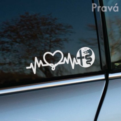 Plotrovaná nálepka s motívom EKG línie prechádzajúcej do srdca a loga Alfa Romeo, moderný dizajn pre pravú stranu.