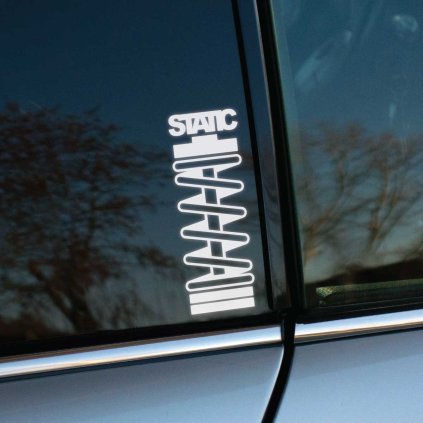 Plotrovaná nálepka „STATIC“ s vertikálnou pružinou, ideálna pre autá so zníženým podvozkom bez vzduchu.