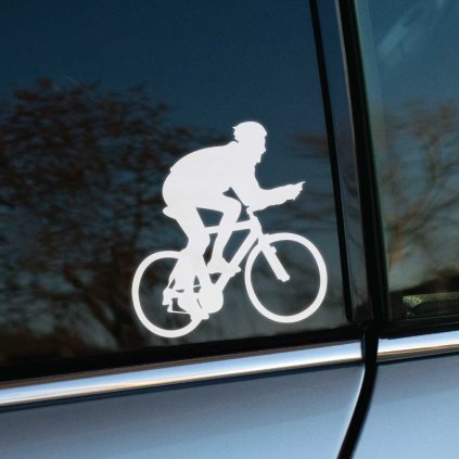 Plotrovaná nálepka na auto so siluetou cyklistu na cestnom bicykli, vhodná pre nadšencov cyklistiky a športu.