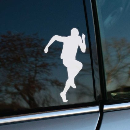 Plotrovaná nálepka na auto so siluetou bežiaceho športovca v dynamickom pohybe, ideálna pre milovníkov behu.
