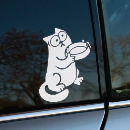 Plotrovaná nálepka postavičky Simon's Cat, ktorá drží prázdnu misku v labkách a prosebným pohľadom si pýta kŕmenie. Jednofarebná.