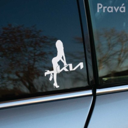 Plotrovaná nálepka postavy v tvare siluety ženy opretej o moderný nápis KIA v čistom minimalistickom vyhotovení.