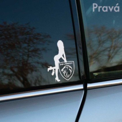 Vyrezávaná samolepka siluety ženy opierajúcej sa o nové logo Peugeot, vhodná pre pravú stranu vozidla.